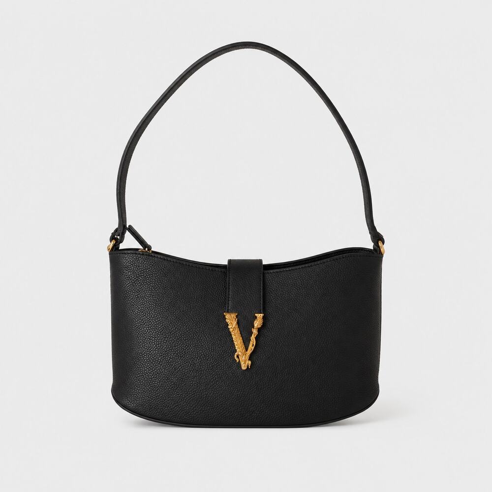 Versace Black virtus Pebbled Leather Shoulder Bag with Gold new